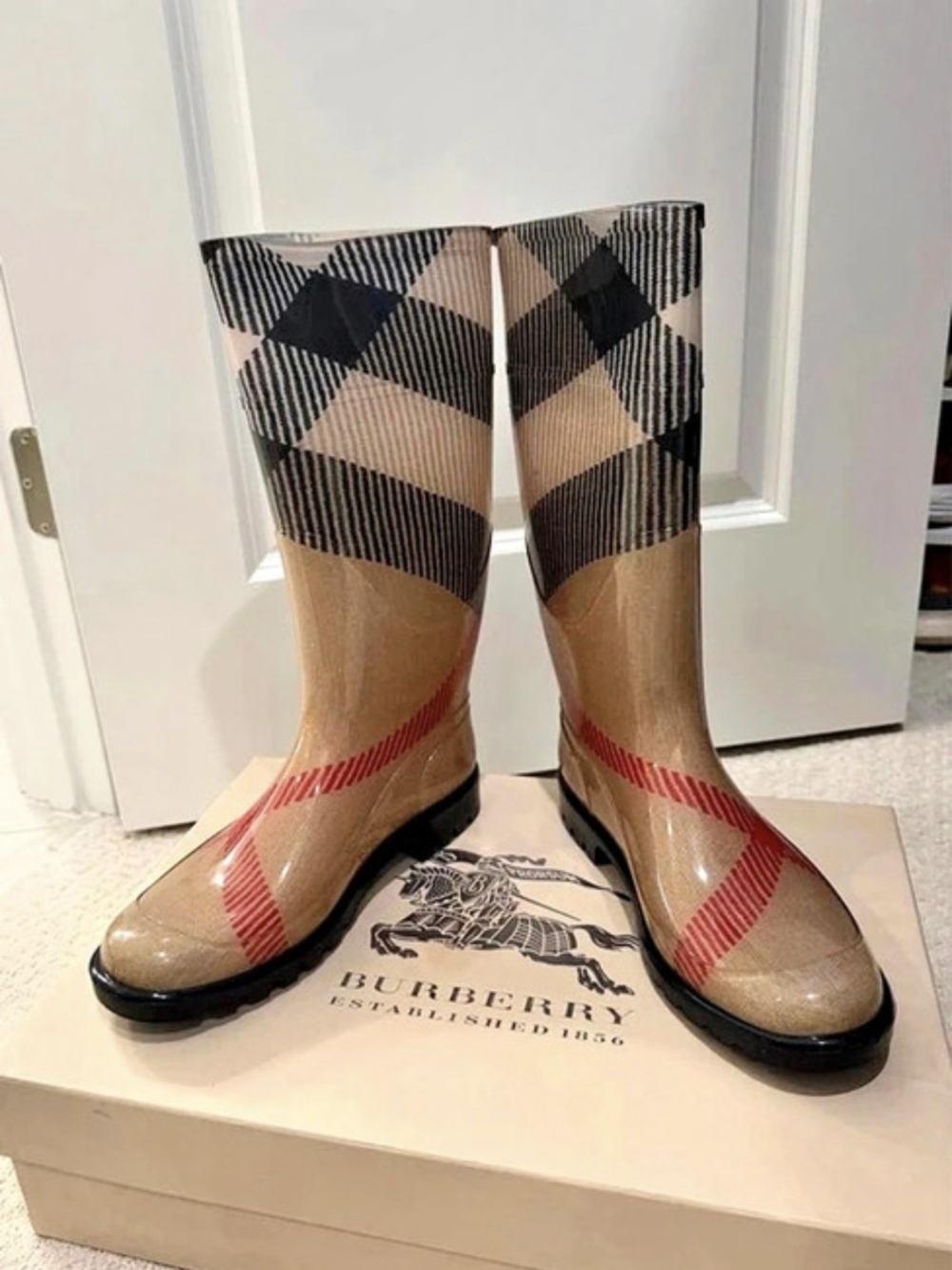 🤎▪️Burberry ▪️House Check Pattern Rubber Rain Knee Boots Brown & Black EU 40